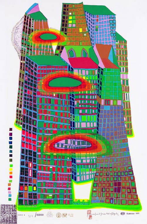 Hundertwasser - Good Morning City - Bleeding Town - series B - 1969 color screenprint